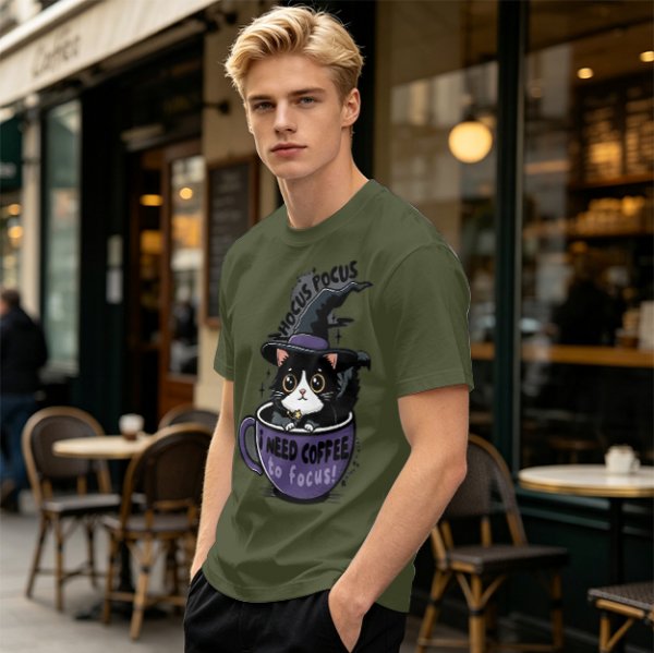 Olive t-shirt with witch cat in coffee cup 'Hocus Pocus I Need Coffee'