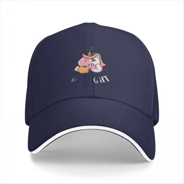 Black baseball cap with a unicorn holding a coffee mug graphic