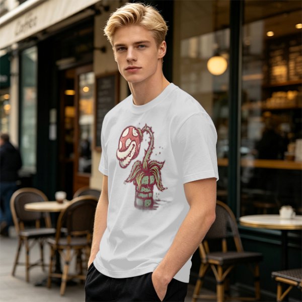 Olive Green T-Shirt With Piranha Plant Graphic Print