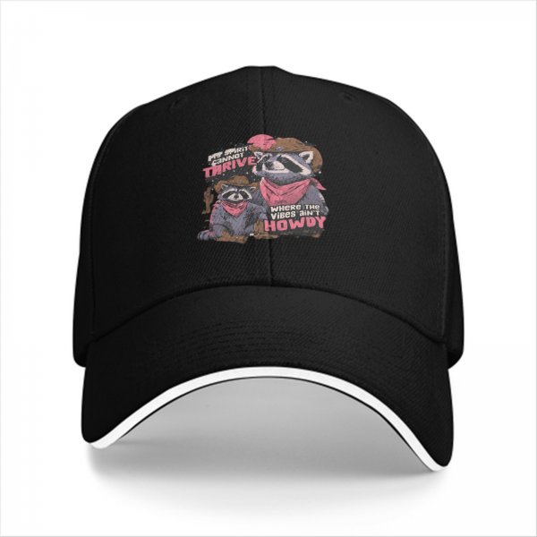 Black baseball cap with cowboy raccoon graphic and 'where the vibes ain't howdy' text