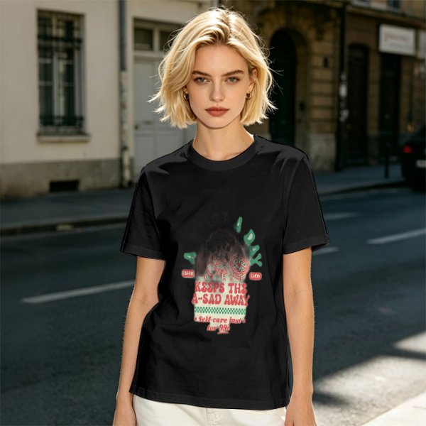 Olive graphic t-shirt with funny cat and 'keeps the a-sad away' text