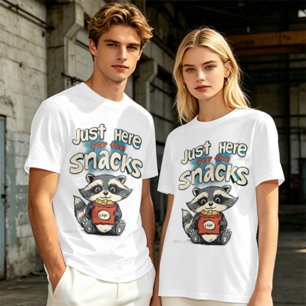 Olive green t-shirt with 'Just Here for the Snacks' and raccoon graphic