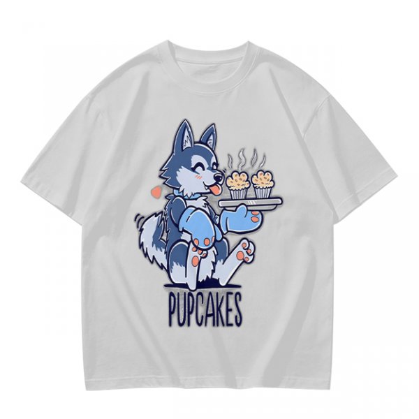 Olive green t-shirt with a husky holding pupcakes graphic