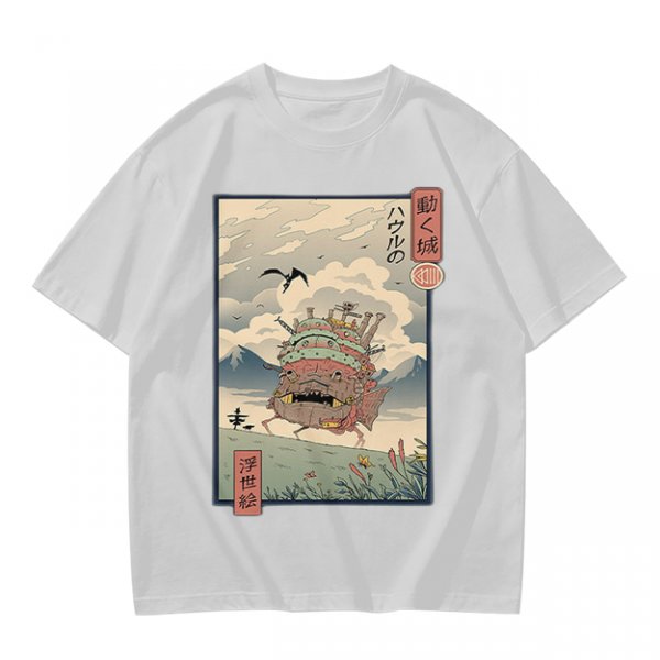 Olive t-shirt with ukiyo-e style Howl's Moving Castle print