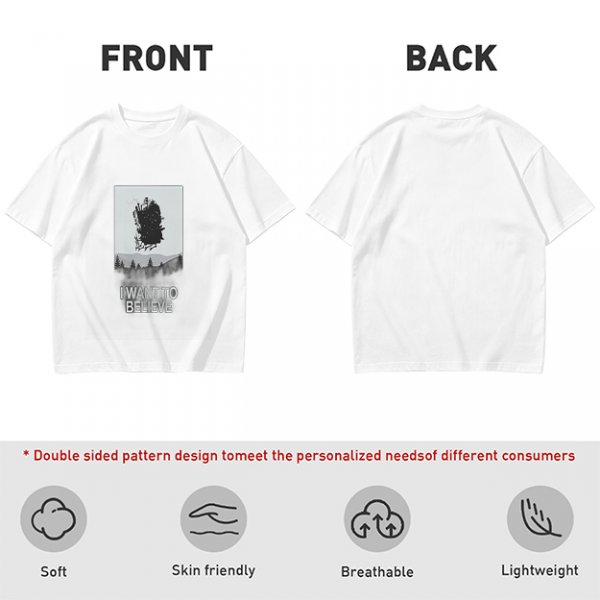 Olive t-shirt with 'I Want To Believe' UFO landscape print