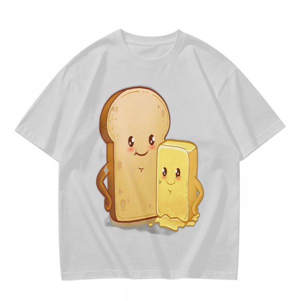 Olive T-Shirt With Cute Cartoon Bread And Butter Graphic