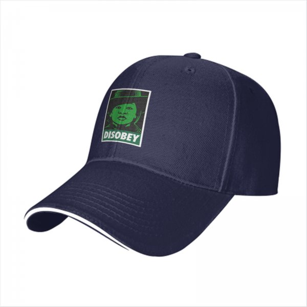 Black baseball cap with green 'DISOBEY' portrait graphic