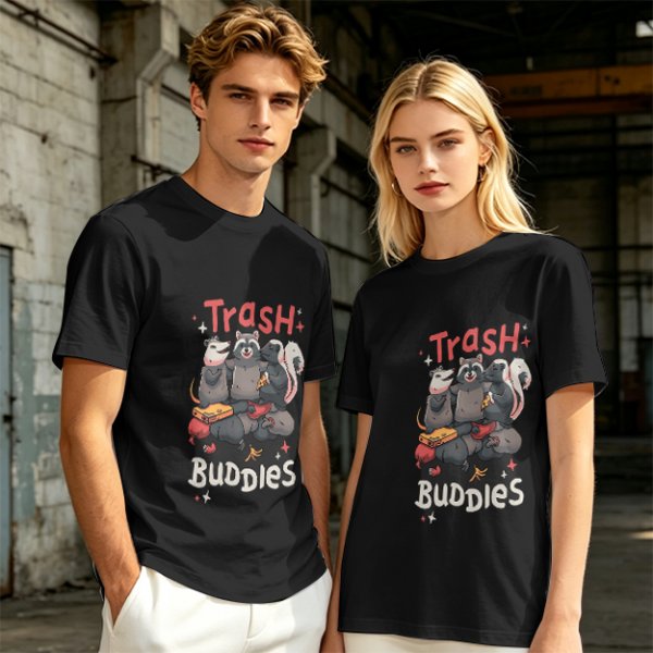 Olive green t-shirt with Trash Buddies raccoon possum and skunk graphic