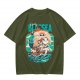 Olive T-Shirt with Cartoon Pirate Ship Blue Sea Cruise Print