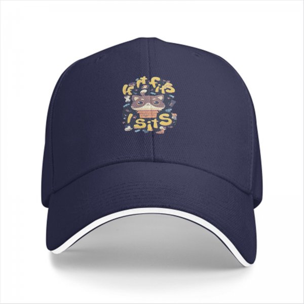 Black baseball cap with 'If it fits I sits' cat graphic print