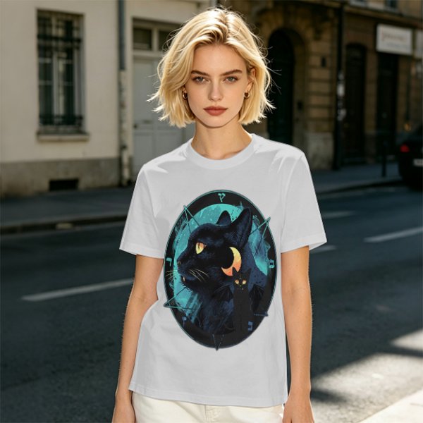 Olive T-Shirt With Black Cat And Crescent Moon Graphic