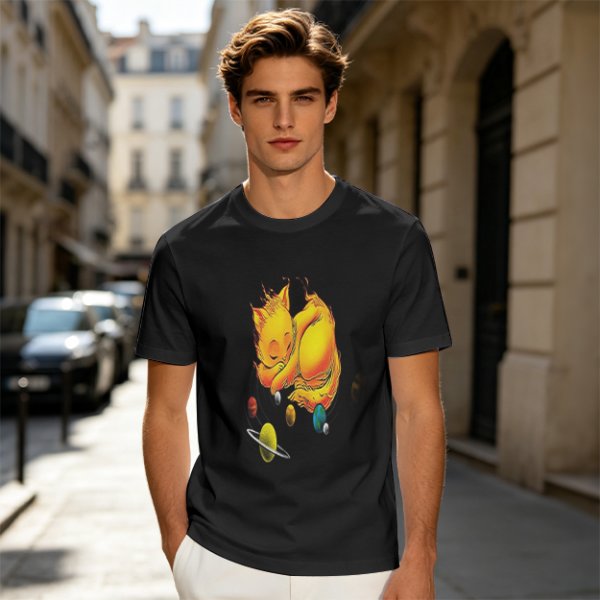 Olive T-Shirt With Sleeping Cosmic Cat And Planets Graphic