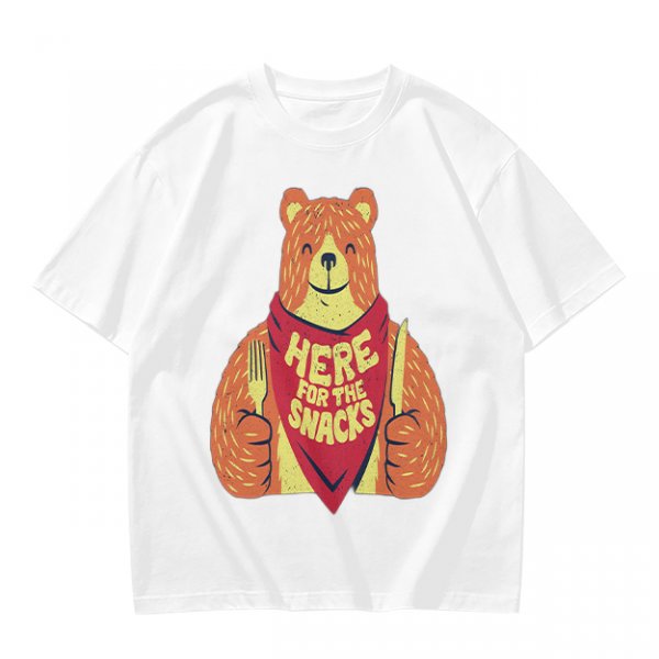 Olive T-Shirt With Happy Bear Holding Fork And Knife Here For Snacks Print