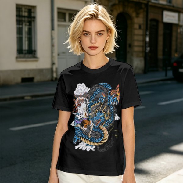 Olive Anime Dragon Graphic Short Sleeve T-Shirt