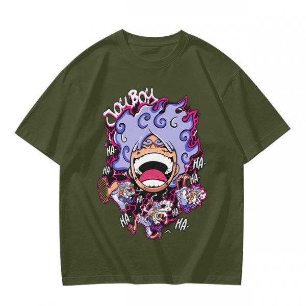 Olive T-shirt with Joyboy Gear 5 Luffy Laughing Anime Print
