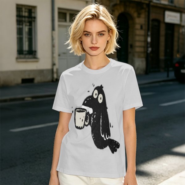 Olive Green T-Shirt With Cartoon Crow Holding Coffee Mug Print