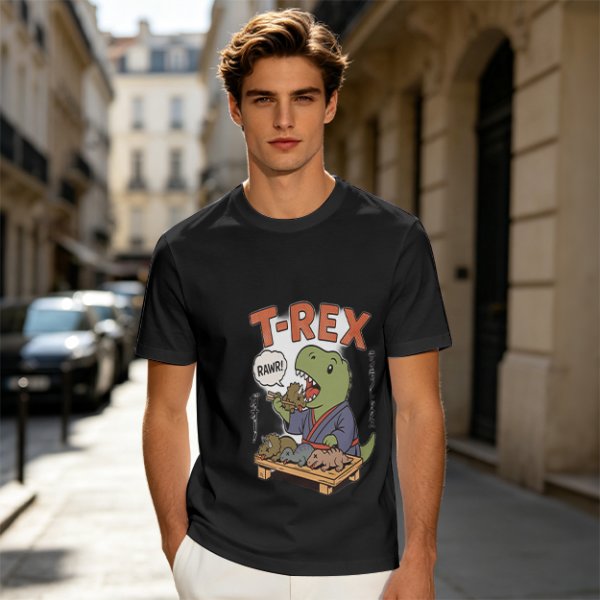 Olive T-shirt with cartoon T-Rex holding small dinosaurs and RAWR text