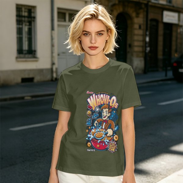 Olive t-shirt with Doctor Who themed Whov-Os cereal print