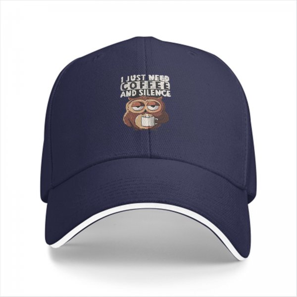 Black baseball cap with 'I just need coffee and silence' sleepy owl print