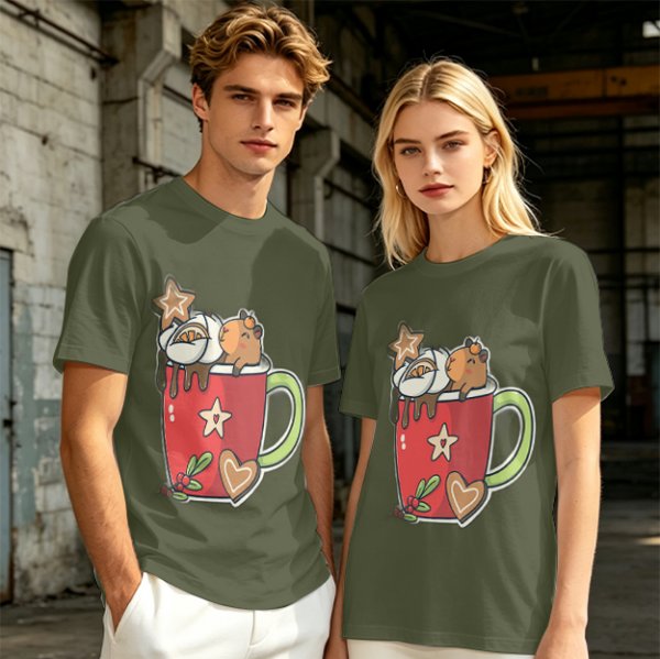 Olive T-Shirt With Cute Capybara In Christmas Hot Cocoa Mug Print