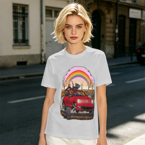 Olive T-Shirt With Red Convertible Car, Rainbow And People Graphic