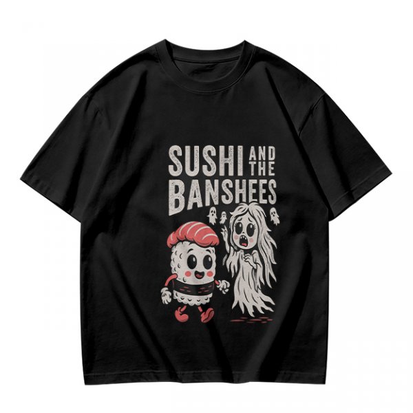 Olive t-shirt with sushi and banshee graphic print