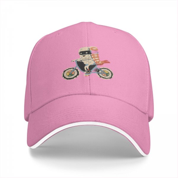 Black baseball cap with sushi ninja riding a bicycle graphic