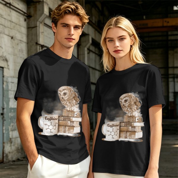 Owl on coffee books and caffeine mug graphic t-shirt