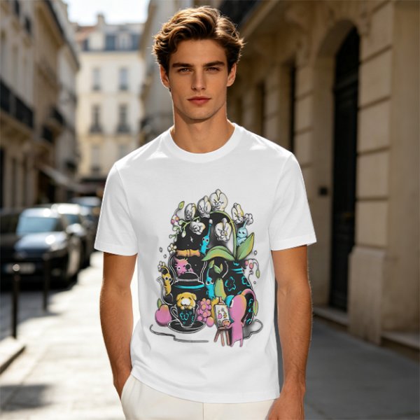 Olive T-Shirt With Whimsical Pikmin Themed Tea Party Art