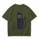 Oversized Olive T-Shirt With Cute Black Cat Graphic Print