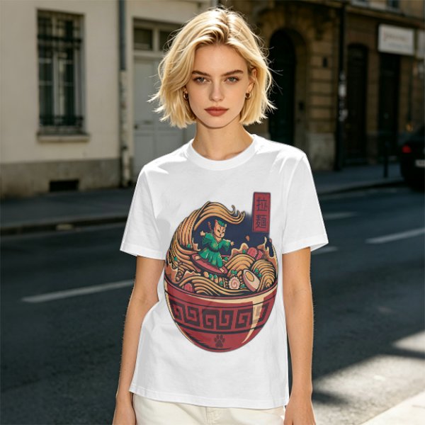 Olive T-shirt with Samurai Cat Surfing Ramen Bowl Art