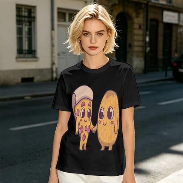 Olive Green T-Shirt With Cute Pizza And Corn Holding Hands Art