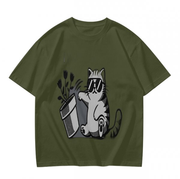 Olive T-Shirt With Cool Cat Wearing Sunglasses Knocking Over Potted Plant