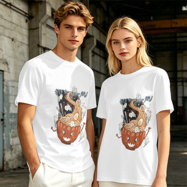 Olive green t-shirt with pumpkin ramen and ghost graphic print