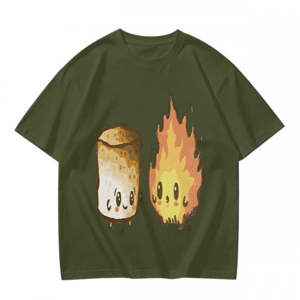 Olive T-Shirt With Cute Roasted Marshmallow And Fire Graphic
