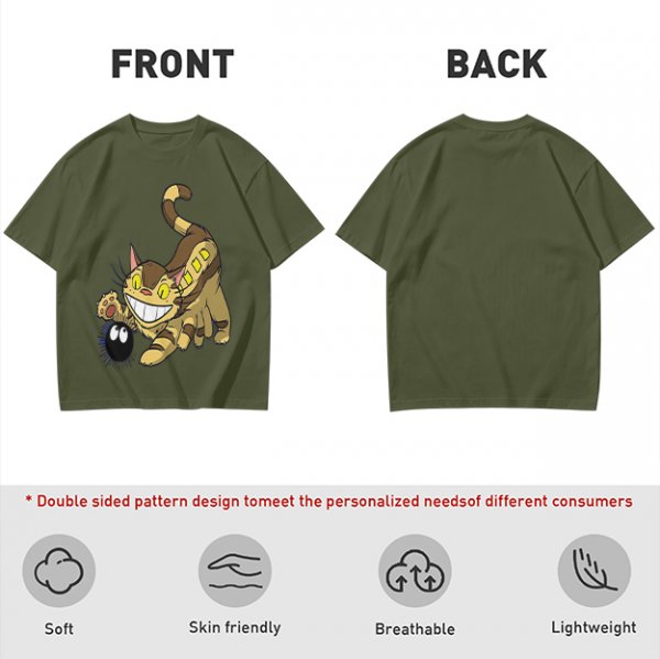 Olive T-shirt with Catbus and Soot Sprite Anime Print