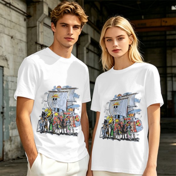 Olive T-Shirt with One Piece Straw Hat Pirates Crew and Ship Print