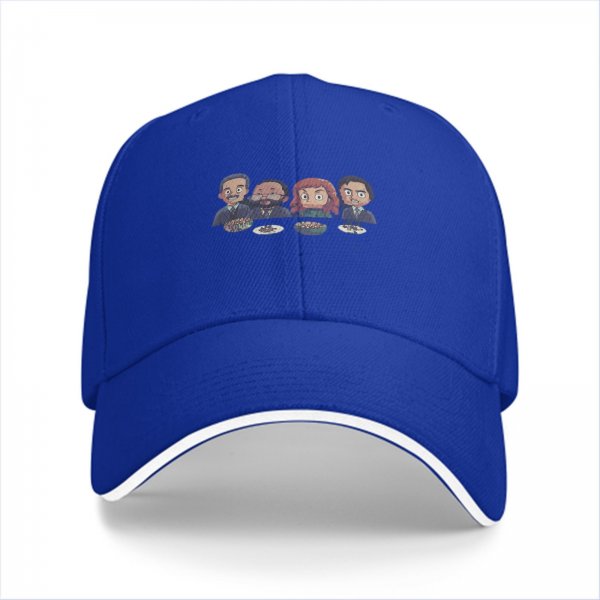 Black baseball cap with cartoon characters eating at table print