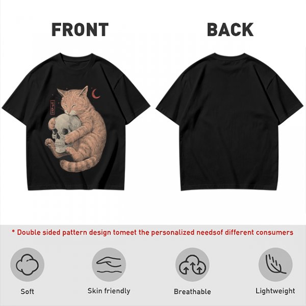 Olive T-Shirt Featuring a Ginger Cat Hugging a Skull