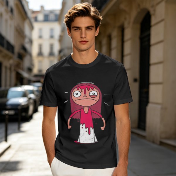 Olive Green T-Shirt With Creepy Cartoon Girl Print