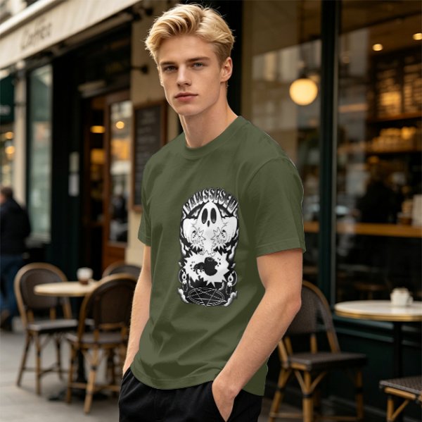 Olive T-shirt with Ghost and Occult Graphic Print