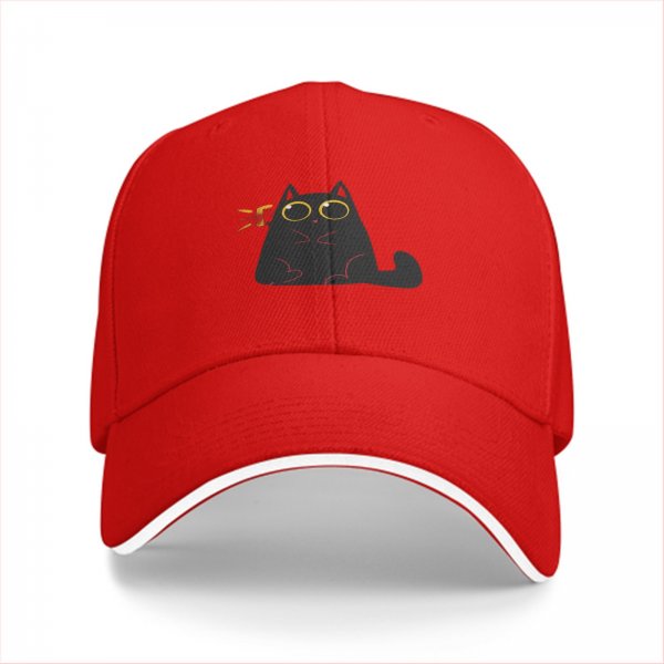 Black baseball cap with surprised cartoon black cat graphic