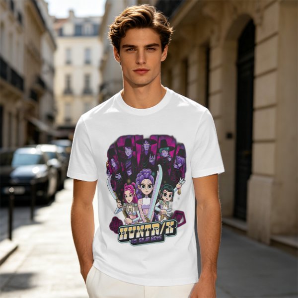 Olive Graphic Tee with Anime Hunter Characters and Huntr/X Text