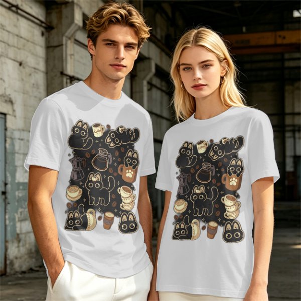 Olive T-Shirt With Cute Black Cats And Coffee Themed Print