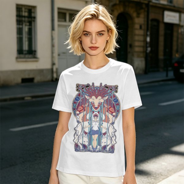 Olive green t-shirt with stained glass style forest spirit anime artwork