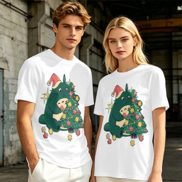 Olive Green T-Shirt With Christmas Totoro Decorating Tree Print