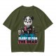 Olive t-shirt with panda drinking coffee and 'Sleep is for the dead' text