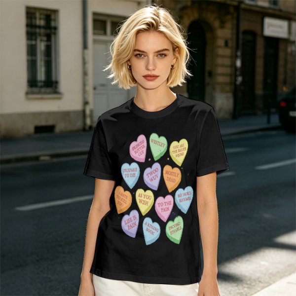 Olive T-shirt with Princess Bride themed conversation heart candies