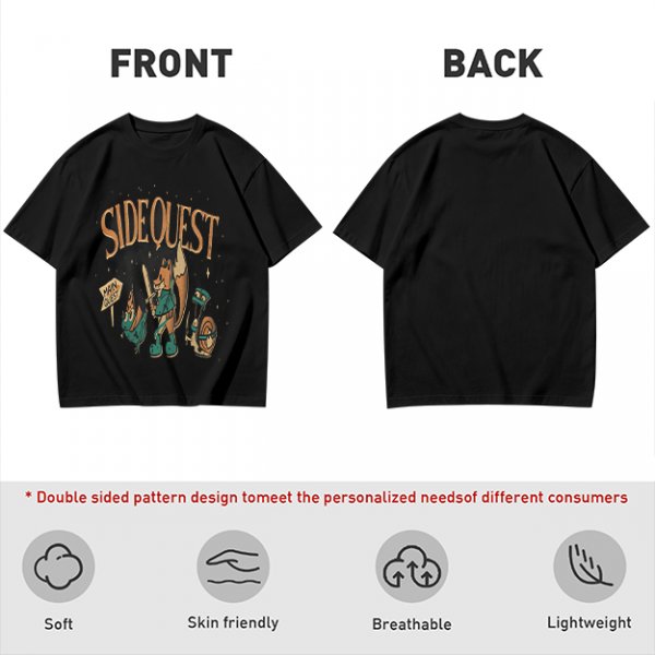 Olive t-shirt with Side Quest fantasy adventure graphic print