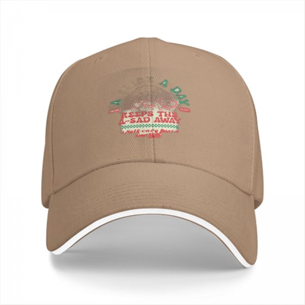 Black baseball cap with 'Keeps The A-Sad Away' graphic print